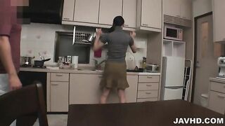 Miho Wakabayashi in the kitchen on her knees gobbling dick